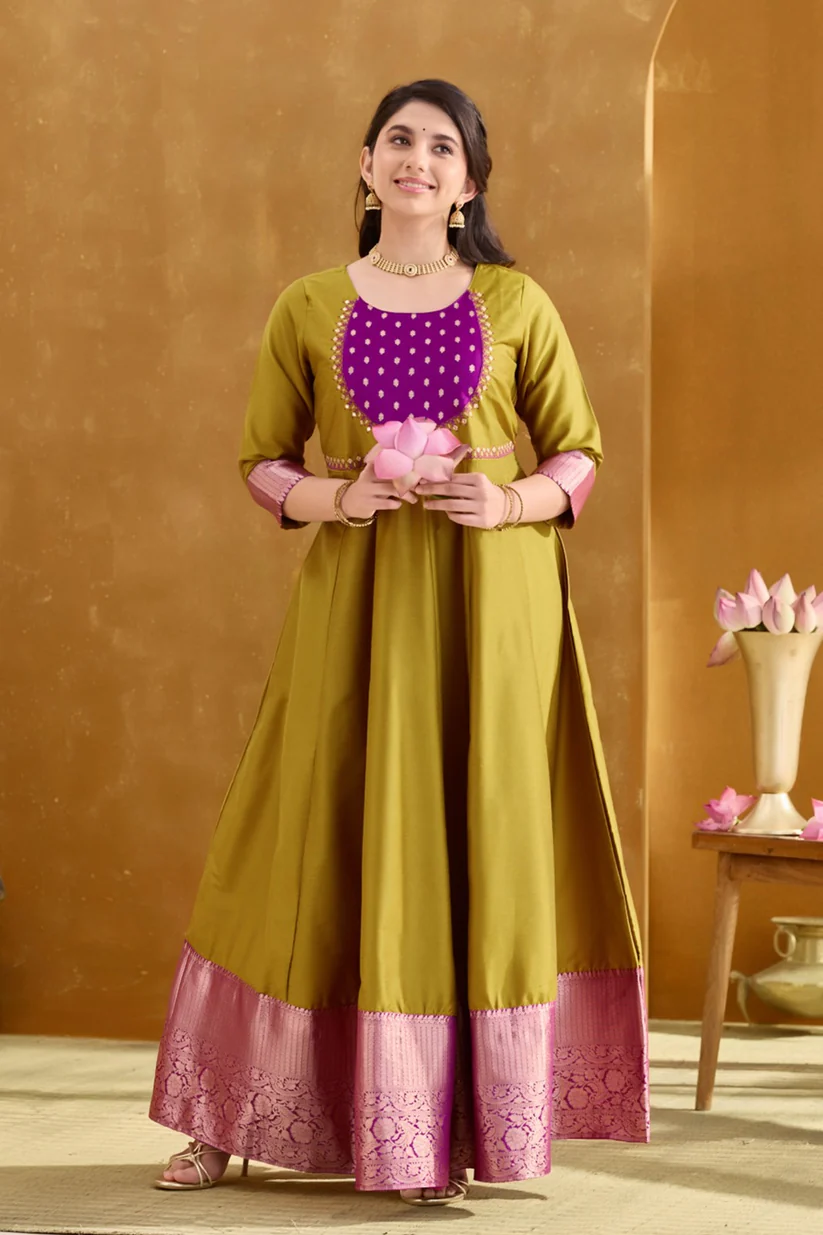Mustard A-Line Anarkali with Dobby Yoke & Zari Border